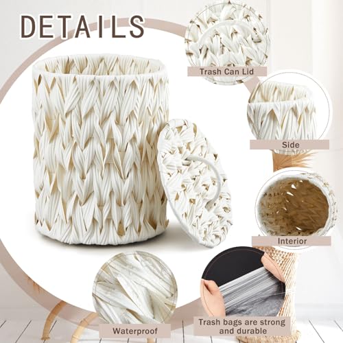 Ctosree 1.3 Gal Boho Woven Trash Can with Lid, Cream White | Braided polypropylene waste basket with handle and 100 garbage bags for bathroom, bedroom, office, or laundry. - color: Cream White, style: Round