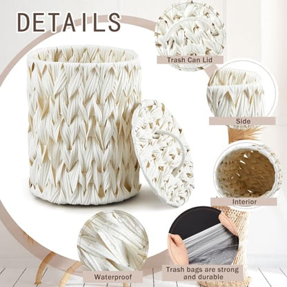 Ctosree 1.3 Gal Boho Woven Trash Can with Lid, Cream White | Braided polypropylene waste basket with handle and 100 garbage bags for bathroom, bedroom, office, or laundry. - color: Cream White, style: Round