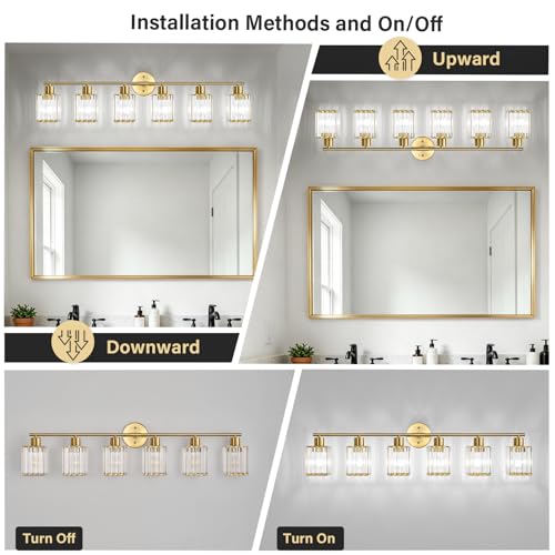 6 Light Bathroom Light Fixtures, Modern Crystal Vanity Lights over Mirror | Metal Frame, Bathroom Light with Square Crystal Shade, ETL Certified, E26 Ceramic Socket, Bulbs Not Included - color: Gold, size: 6-Light
