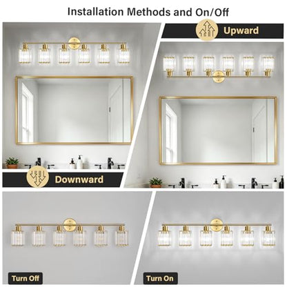 6 Light Bathroom Light Fixtures, Modern Crystal Vanity Lights over Mirror | Metal Frame, Bathroom Light with Square Crystal Shade, ETL Certified, E26 Ceramic Socket, Bulbs Not Included - color: Gold, size: 6-Light
