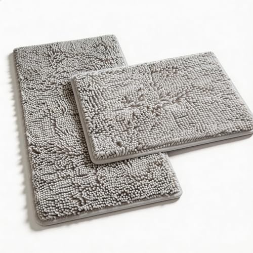 Bathroom Rugs Sets 2 Piece Plush Chenille Bath Rugs Non-Slip Bath Mats Absorbent Shaggy Rugs,Bathtub Mat, Gray Pet Dog Mats,Washable Bathroom Carpet for Tub, Shower, Washroom- 32x20 + 24x16 Inch - color: Ash Gray