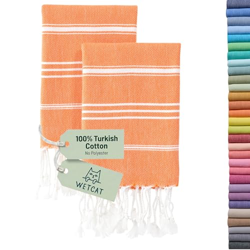 WETCAT Turkish Hand Towels with Hanging Loop, Set of 2 (20" x 30") 100% Turkish Cotton, Pre-Washed, Quick Drying, for Kitchen or Bathroom - Orange - color: Orange