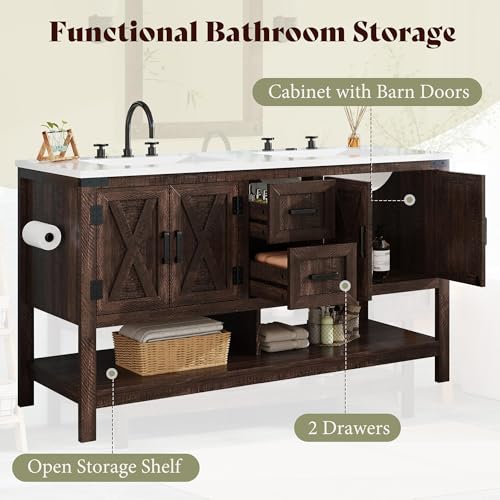 AMERLIFE 60" Brown Farmhouse Double Sink Bathroom Vanity, Solid White Top | Rustic Brown, Solid White Integrated Top, Moisture-Resistant MDF, 4 X-Panel Doors, 2 Drawers, Open Shelf, Paper Towel Holder - color: Rustic Brown, size: 60”