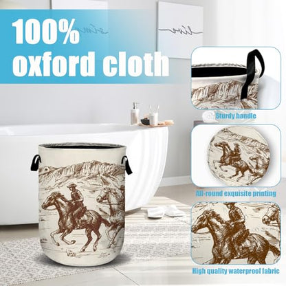 American Wild West Desert Cowboys Laundry Basket, Laundry Hamper Collapsible Oxford Cloth with Handle Clothes Storage Bin for Bathroom Laundry Room Bedroom 15.7 X 20 Inch - color: American Wild West Desert Cowboys