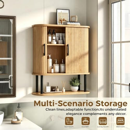 Fluted Bathroom Wall Cabinet, Wall Mounted Medicine Cabinet with Sliding Tambour Door & Adjustable Shelf, 3-Tier Over the Toilet Storage Cabinet for Laundry Room, Kitchen, Natural - color: Natural
