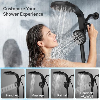 High Pressure Rain Shower Head Combo with Magnetic Handheld Black | Dual Shower System with Rainfall Showerhead and 8-Spray Handheld, Magnetic Dock, Adjustable Angle, Power Jet for Cleaning - color: Black