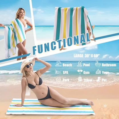 Beach Towel Set-4 Pack 30"x60" Sand Free Stripe Beach Towel for Pool,Bathroom,Soft Absorbent Quick Dry Lightweight Beach Bath Towel,Camping Blanket,Travel Towel,Beach Essentials for Adults,Teal/Yellow - color: Teal/Yellow