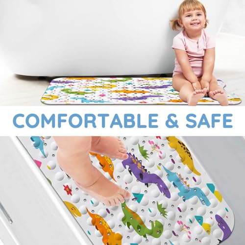 Bathtub Mats for Kids, Cartoon Dinosaur Bath Mat for Tub Non Slip, 40 X 16 Inch Large Washable Bathtub Mat Non Slip for Showers with Drain Holes and Suction Cups - color: Cartoon Dinosaur