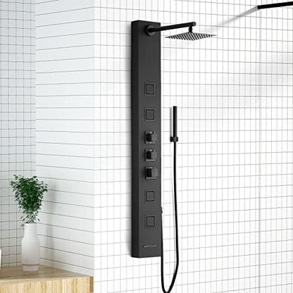Achelous Square Rainfall Shower Head Panel System with Thermostatic,Stainless Steel High Pressure Turbo Body Jets Waterfall Shower Tower,Brass Handheld Wand in Matte Black - style: Square