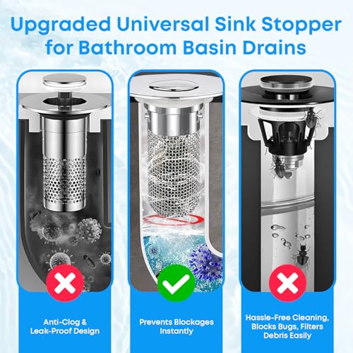 Bathroom Sink Stopper with Hair Catcher Universal Pop-Up Drain Strainer for 1.25–1.5 inch US Standard Bathroom Sink Drain Strainer Hole Replacement