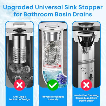 Bathroom Sink Stopper with Hair Catcher Universal Pop-Up Drain Strainer for 1.25–1.5 inch US Standard Bathroom Sink Drain Strainer Hole Replacement