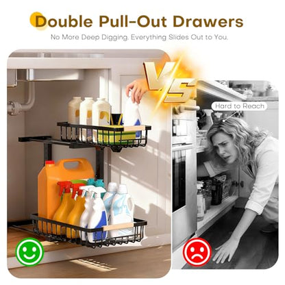 Under Sink Organizer, Heavy-Duty & Rust-Resistant Carbon Steel Metal, 2 Tier Pull Out Under Bathroom Sink Storage, Adjustable Height (13.8" -16.9"), Organizer for Kitchen Cabinet(2PCS,Black)