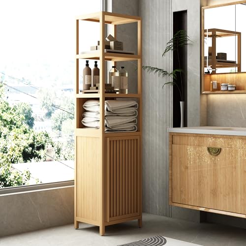 Storage Tall Cabinet with Shutter Door and 3 Tier Shelves, Freestanding Linen Tower Cabinet for Living Room, Kitchen, Bathroom Organizer, Natural