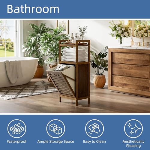 HITNET Bamboo Tilt Out Laundry Hamper, Bathroom Storage Cabinet with Hidden Removable Basket and 2 Open Shelves, Space Saving Bamboo Storage for Clothes, Towels and Toys, Walnut - color: Walnut