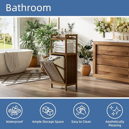 HITNET Bamboo Tilt Out Laundry Hamper, Bathroom Storage Cabinet with Hidden Removable Basket and 2 Open Shelves, Space Saving Bamboo Storage for Clothes, Towels and Toys, Walnut - color: Walnut