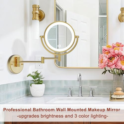 Brass Wall Mounted Mirror Swing Arm with Light and Magnification 10X | Upgrade Brightness & 3 Color LED, Touch Screen Dimmable, Rechargeable Home Personal Magnifying Makeup Bathroom, Brushed Gold - color: Brushed Gold