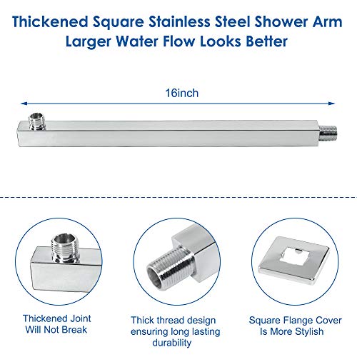 Shower Head with Extension Arm, High Pressure Square with ShowerArm, Stainless Steel Rainfall -Waterfall Full Body Coverage (12'' Shower with 16'' Arm, Chrome) - color: Chrome, size: 12'' Shower with 16'' Arm