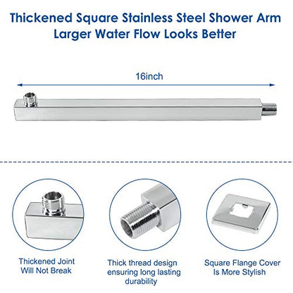 Shower Head with Extension Arm, High Pressure Square with ShowerArm, Stainless Steel Rainfall -Waterfall Full Body Coverage (12'' Shower with 16'' Arm, Chrome) - color: Chrome, size: 12'' Shower with 16'' Arm