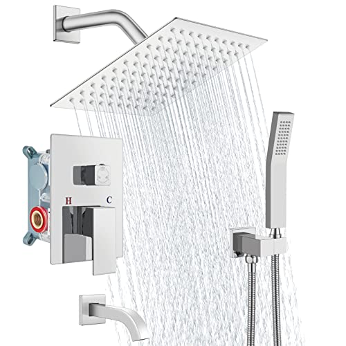 Aolemi Shower Faucet Set with Tub Filler Handheld 8" Head Polish Chrome | Shower Valve and Trim Kit,Handheld Spray,Tub Spout,Single Handle,SUS304,Bathroom Mixer for Remodeling - color: Chrome, size: 8 Inch Shower Head