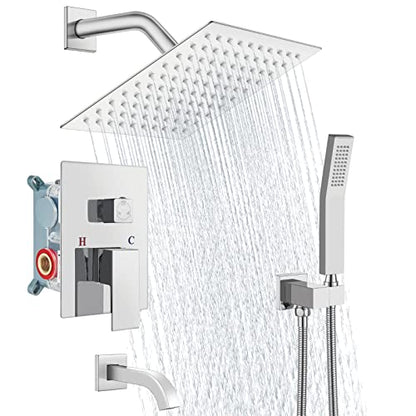 Aolemi Shower Faucet Set with Tub Filler Handheld 8" Head Polish Chrome | Shower Valve and Trim Kit,Handheld Spray,Tub Spout,Single Handle,SUS304,Bathroom Mixer for Remodeling - color: Chrome, size: 8 Inch Shower Head