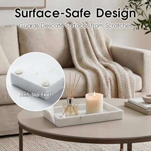 Natural Marble Tray Heavyweight Stone Vanity Tray for Bathroom Countertop, Coffee Table & Dresser - Handcrafted Rectangular Organizer (White, 9.84" x 4.72" x 1.18") - color: White