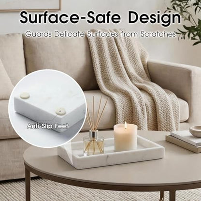 Natural Marble Tray Heavyweight Stone Vanity Tray for Bathroom Countertop, Coffee Table & Dresser - Handcrafted Rectangular Organizer (White, 9.84" x 4.72" x 1.18") - color: White
