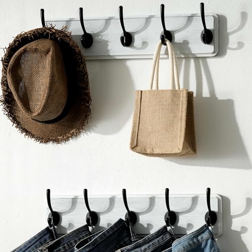 SKOLOO Rustic Wall Mounted Coat Rack, Pine Solid Wood Coat Hook Hanger - 5 Hooks for Hanging Clothes Robes Towels Coats - color: White Plate & Black Hook, size: 1 Item-5 Hooks