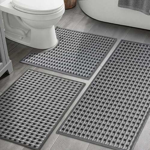 YIHOUSE Bathroom Rugs Sets 3 Piece, Ultra Thin Checkered Weave Bath Mat - Soft Absorbent Quick Dry Bath Mat Set, Machine Washable Non Slip Bath Rugs for Bathroom, Shower & Tub, Dark Gray Light Gray - color: Dark Gray Light Gray, size: 3 Piece