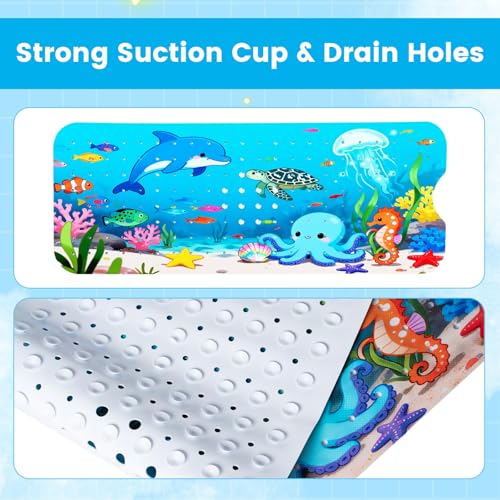 Bathtub Mat for kids Non slip, Dolphins swim happily in the sea (Blue) | 40"x16", Extra Long, Soft, Suction Cup for Strong Grip, Eco Friendly, Easy Clean, Machine Washable - color: Blue