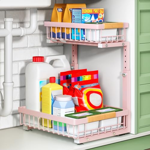 Kitstorack Under Sink Organizer, 2 Tier Under the Sink Storage, Slide out Pull out Cabinet Organizer Shelf, Metal Sliding Drawer for Kitchen Bathroom Pantry Closet Organization Rack, Pink, 1 Pack - color: Pink, size: 1 Pack