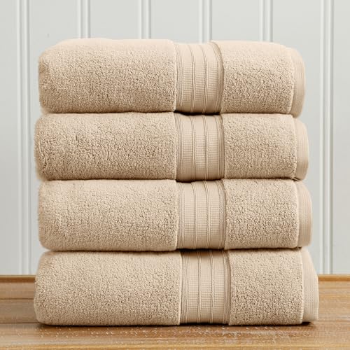 Great Bay Home 100% Cotton 4 Pack Bath Towel Set - Absorbent, Quick-Drying, Classic Bath Towels for Bathroom - Zero-Twist Fibers (Sandstone) - color: Sandstone, size: Bath Towel (Pack of 4)