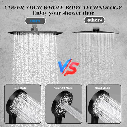 Shower Head,10”Rain Shower Head with Handheld Spray Combo with 11'' Angle Adjustable Extension Arm/Flow Regulator/Shower System,High Pressure Rainfall Shower Head Clean Bathroom,Matt Black - color: Black, size: 10 Inch