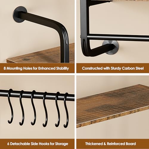 2 Tier Industrial Pipe Floating Shelf, 31.5" Kitchen Wall Shelves | with Towel Bar & 6 Hooks, Coffee Bar Shelves Display Bookshelf Wall Shelf for Kitchen, Bathroom, Home Décor, Rustic Brown - size: 31.5 Inch（2 Tier）