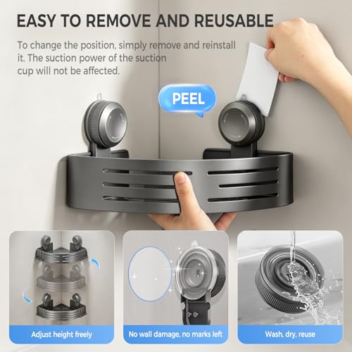 Lekesky Corner Shower Caddy Suction Cups, No Drilling Bathroom Shower Shelf | Aluminum, Rustproof, Suction Cup Can Remove and Reposition, Can hold up to 22 pounds, Also Can hold large shampoo bottles - color: Gunmetal Gray