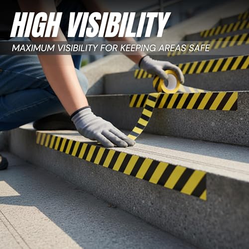 Tapix (3 Pack 2 Inch x 108 Feet Black & Yellow Tape Roll - Safety Stripe Waring Tape for Floor - Highly Adhesive Waterproof Hazard Tape for Floors, Walls, Staircase, Pipes, Equipment, Dangerous Area