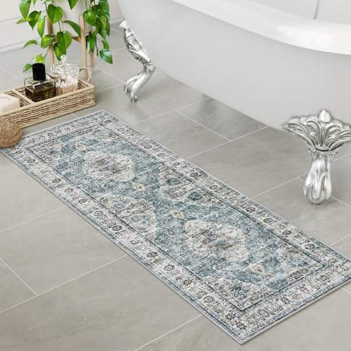 Uphome Bathroom Rugs Runner, Distressed Farmhouse Boho Blue Bath Mat, Non Slip Washable Long Bath Rugs, Vintage Traditonal Soft Velvet Bathroom Runner for Bathtub Sink Shower, 18x47 inch - color: Blue, size: 18 x 47 inch (Rectangular)