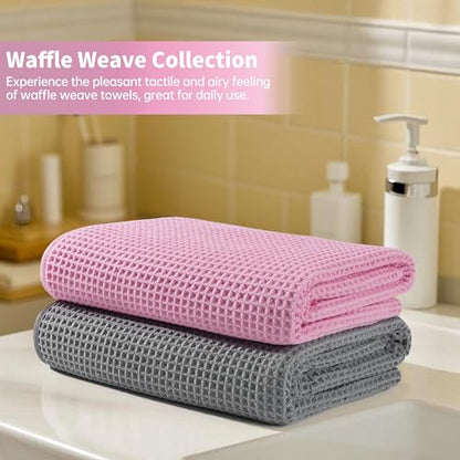 MICROFI New Microfiber Waffle Bath Towels, 2 Pieces, Oversized, Soft, Absorbent, Fast Drying, Lint Free 430 GSM (30''x60''/76cm x 152cm) - color: Gray+pink