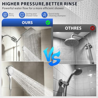 10" Shower Head with Handheld, Rain Shower Head with Filter Combe Set | High Pressure; 3 Modes Sprayer; Filtered Shower for Hard Water,Families, Pets; Adjustable Height & Angle; Easy Install;Chrome