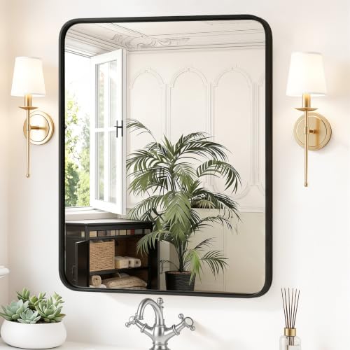 Sweetcrispy Bathroom Wall Mirror, 36x30 Inch Wall Mount Mirror for Over Sink, Modern Rounded Rectangle Vanity Mirrors with Matte Metal Framed, for Home Decor, Living Room, Bedroom, Black - color: Black-rect, size: 36"L x 30"W