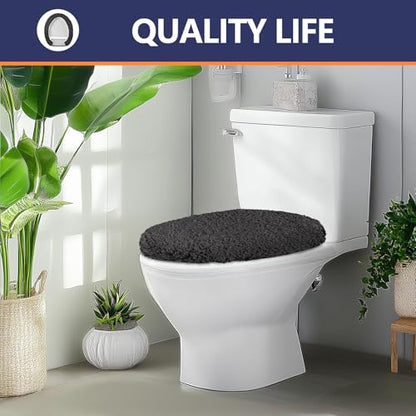 Soft Microfiber Toilet Lid Cover 17.5" x 15" Machine Washable | Solid Toilet Seat Cover Adjustable Rubber Backing Fits Most 16 -17.5" L x 14-16" W Round Oblong and Elongated Toilet Seat - color: Dark Grey