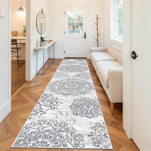 HEBE Hallway Runner Rug 3'x14', Washable Non Slip Kitchen Rug Runner | Soft Boho Bedroom Runner Rug, Vintage Distressed Low-Pile Floor Carpet Runners for Hallway, Entrance, Bathroom, Laundry - color: Grey, size: 3' x 14' (Rectangular)