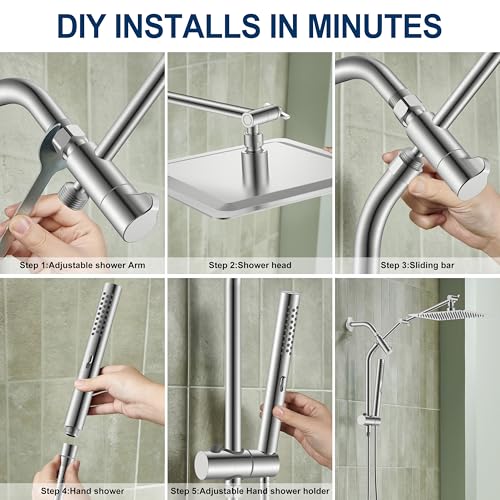 Brushed Nickel 10 Inch All Metal Rain Shower Head with Handheld Spray | High Pressure Rainfall Shower Head wih Adjustable Extension Arm, Dual Showerhead Set with 60" Shower Hose, Square Rainfall - color: Brushed Nickel