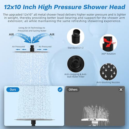 Hibbent High Pressue All Metal 12" Rainfall Shower Head, Handheld 10-Spray | cUPC Certified Matte Black Dual Showerhead Combo, 4-way Diverter with Pause Mode, Brass Extension Arm, 71'' Hose & Holder - color: Matte Black, style: Square 12"
