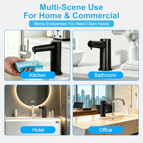 Automatic Touchless Dish Soap Dispenser for Kitchen Sink, Two Adjustable Dispensing Sink Soap Pumps, 38" Tube, Leak-Proof Plug-in, Built-in Fit for Bathroom Commercial (Black)