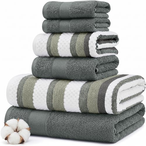 Modern Threads Pax 6-Piece Reversible Yarn Dyed Jacquard Towel Set - Bath Towels, Hand Towels, & Washcloths - Super Absorbent & Quick Dry - 100% Combed Cotton, Ivy - color: Green, style: Wide Stripe