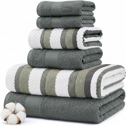 Modern Threads Pax 6-Piece Reversible Yarn Dyed Jacquard Towel Set - Bath Towels, Hand Towels, & Washcloths - Super Absorbent & Quick Dry - 100% Combed Cotton, Ivy - color: Green, style: Wide Stripe