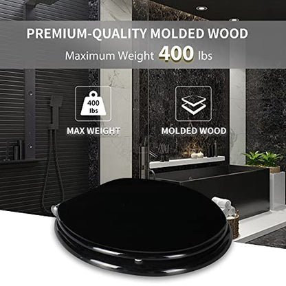 Angel Shield Round Toilet Seat Wood Molded UV Lid Soft Close | Quick Release Metal Hinges, Adjustable Fit for Standard Round Toilets, Easy Install&Clean(Black) - color: Black, size: Round
