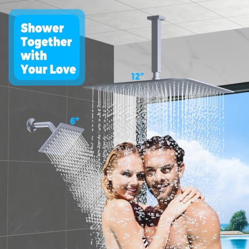 Thermostatic Digital Dual Rain Heads Tub Shower System Can Run Together | 4-Way Shower Faucts Set with Waterfall Spout, 12" Rainfall + 6" Tilted Shower and Brass Handheld, Brushed Nickel - color: Brushed Nickel, style: 12” + 6" + Spout