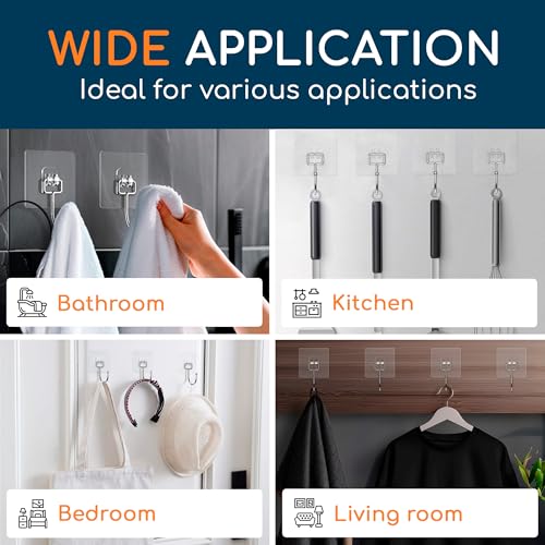 Adhesive Large Wall Hooks for Hanging Heavy Duty 22 lbs Hooks for Walls No Drill, Towel Sticky Clear Hooks, Waterproof, Home, Bathroom, Kitchen, Office, and Outdoor 40 Pack - size: Large, 40 pcs