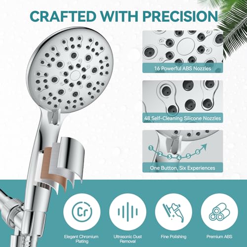 High Pressure Shower Head with Handheld, JDO 6 Spray Settings Handheld Showerhead, 4.3" High Flow Rain Showerhead Set with 59" Stainless Steel Hose and Adjustable Bracket for Bathroom, Gym, Hotel | 4.3-inch high flow head, 59-inch stainless steel hose, ad